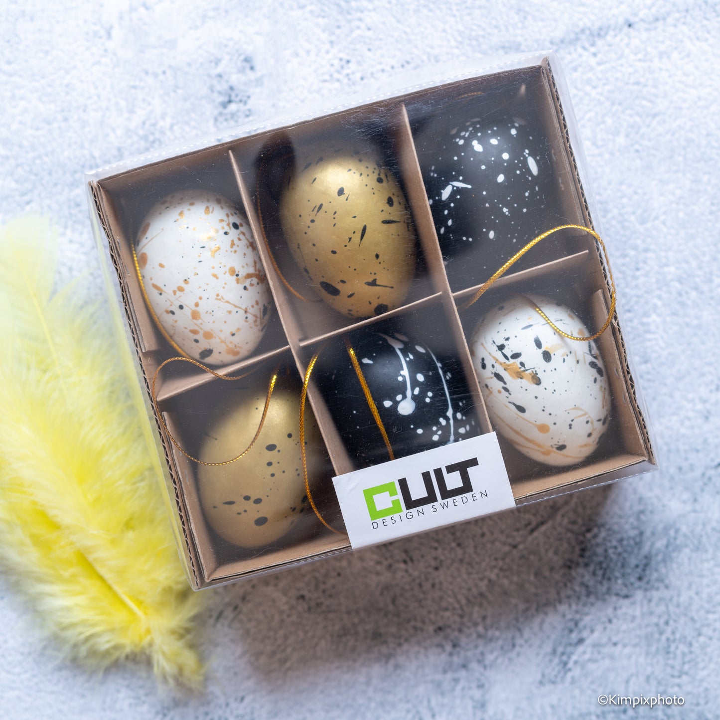 EGG SPLASH sort/gull/hvit 6 pk i eske