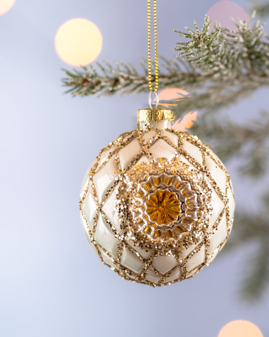 Juletrekule hvit med glitter, Rund