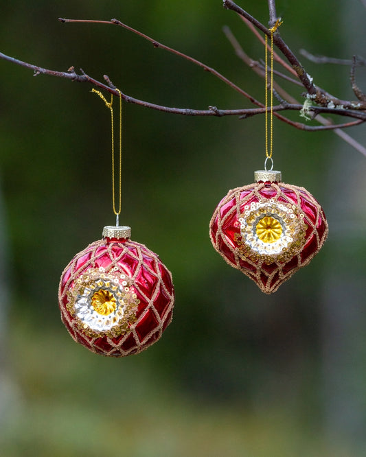 Juletrekule rød m/ gull, Rund