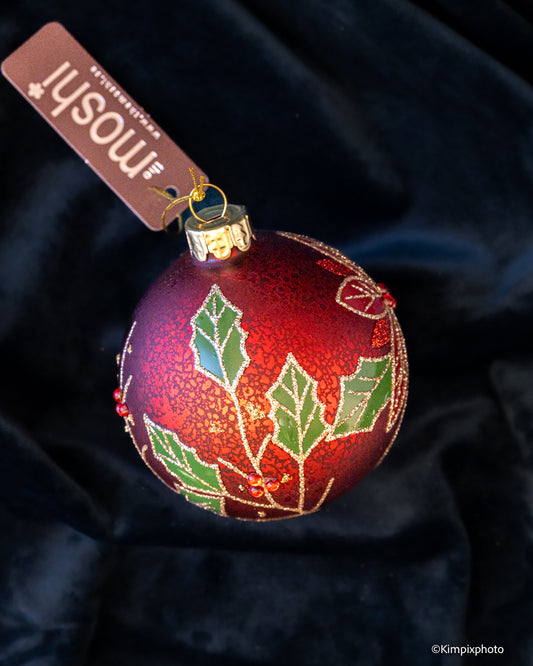 Juletrekule Rød med kristorn og blomst